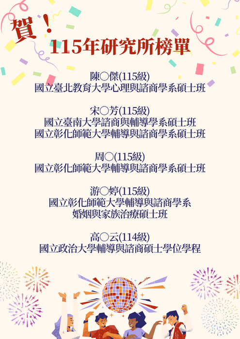 115學年度研究所榜單：陳○傑(115級) 國立臺北教育大學心理與諮商學系碩士班  宋○芳(115級) 國立臺南大學諮商與輔導學系碩士班 國立彰化師範大學輔導與諮商學系碩士班  周○(115級) 國立彰化師範大學輔導與諮商學系碩士班  游○婷(115級) 國立彰化師範大學輔導與諮商學系 婚姻與家族治療碩士班  高○云(114級) 國立政治大學輔導與諮商碩士學位學程