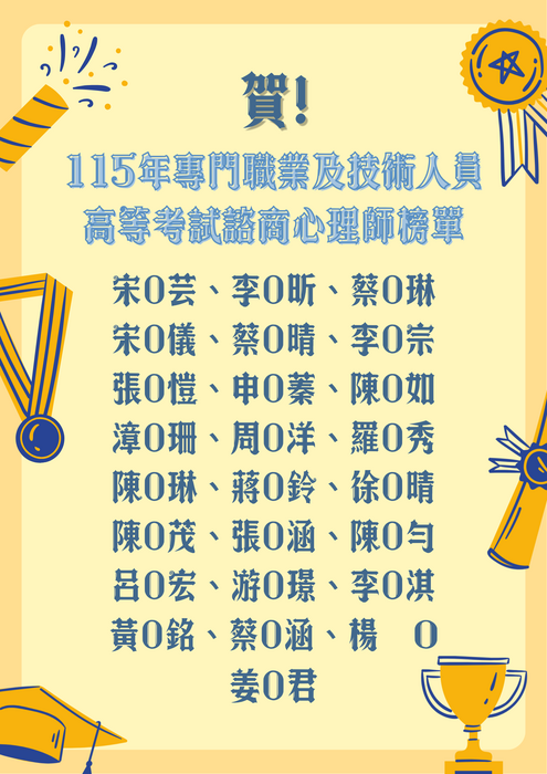 賀！本系114學年應屆畢業生錄取115年專門職業及技術人員高等考試諮商心理師締造佳績