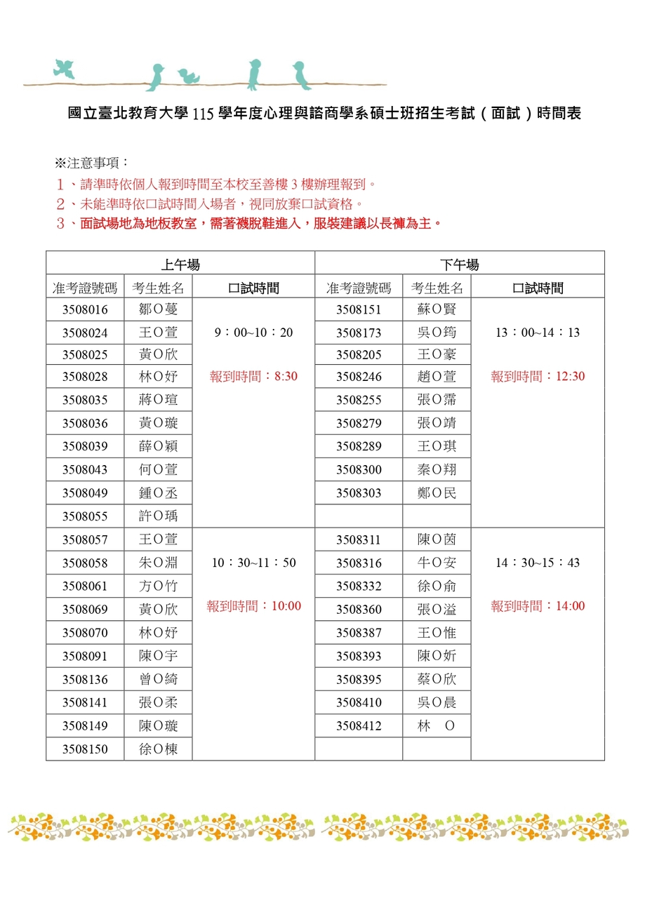 心理與諮商學系碩士班115學年考試入學第二階段口試時間表