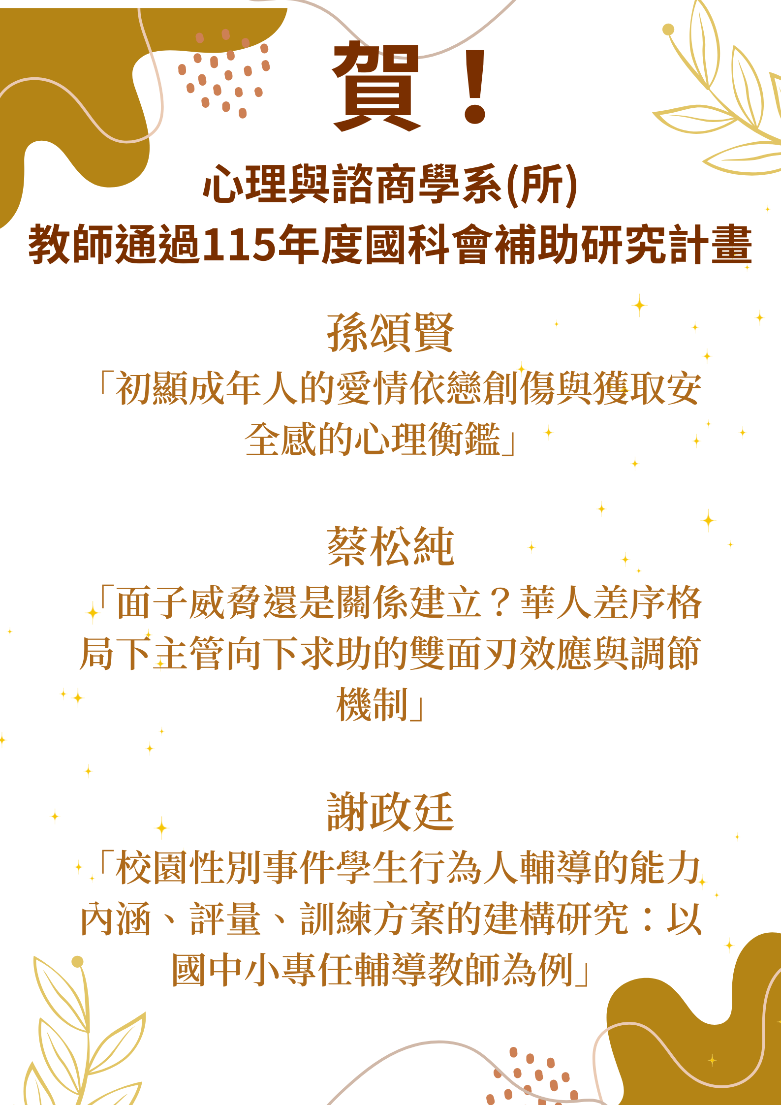 賀！ 心理與諮商學系(所)教師通過115年度國科會補助研究計畫共計三件